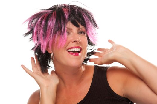 Pink And Black Haired Girl Portrait Isolated on a White Background.