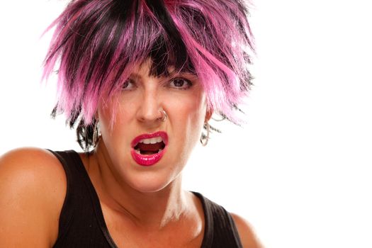 Pink And Black Haired Girl Portrait Isolated on a White Background.