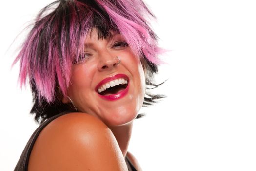 Pink And Black Haired Girl Portrait Isolated on a White Background.