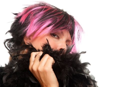 Pink And Black Haired Girl with Boa Portrait Isolated on a White Background.