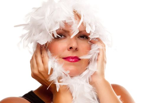 Pretty Girl with White Boa Isolated on a White Background.