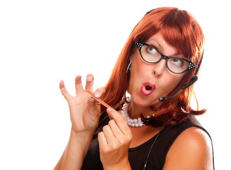 Red Haired Retro Receptionist Filing Her Nails Isolated on a White Background.