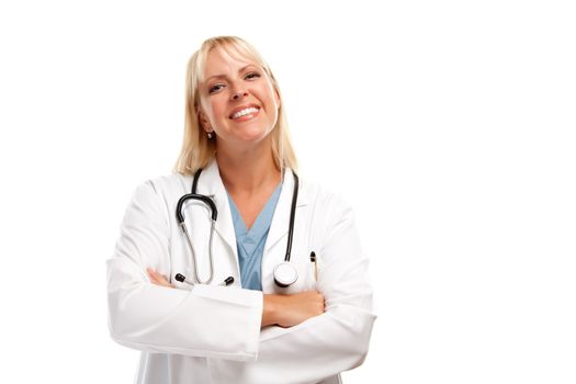 Friendly Female Blonde Doctor or Nurse Isolated on a White Background.