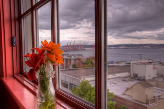 View of Seattle bay seen through window with orange flower in vase