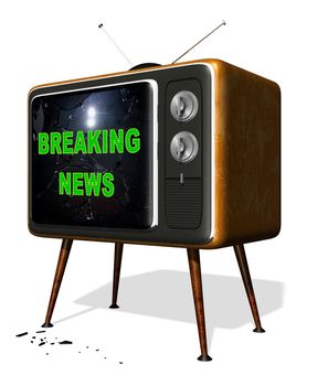 Rendered illustration of a retro television with the text breaking news over a smashed screen