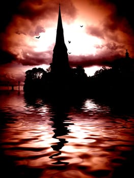 Gothic scene with spooky building and bats