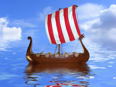 cut out Viking ship toy on a reflective water and sky background