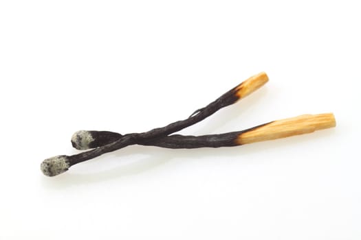 Two burned matches. Close up on bright background