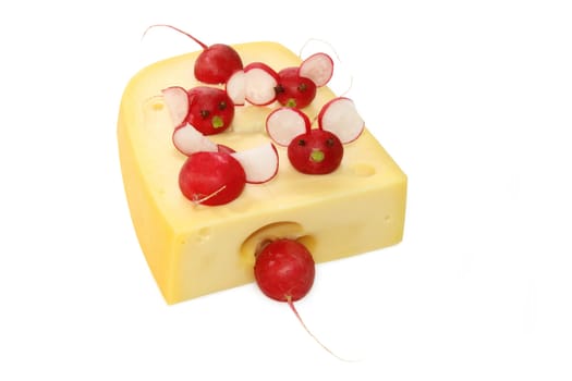 Fresh garnished radish with piece of cheese