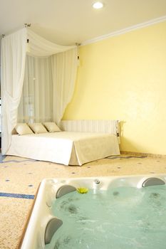 Beautiful modern bathroom with a jacuzzi and a bed