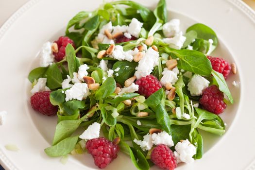 Delicious fresh salad with lamb's lettuce, raspberries and feta