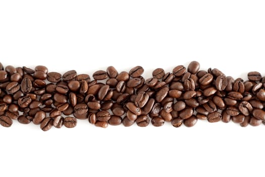 A line of isolated coffee beans with white background