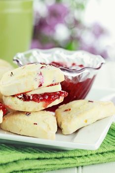 Closeup of freshly baked cranberry scones sitting on an outdoors table with butter and strawberry preserves. Selective focus with shallow depth of field. 