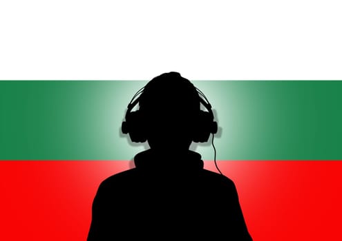 Illustration of a person wearing headphones in-front of the flag of Bulgaria.