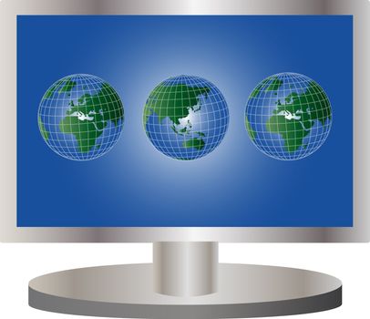 illustration of a silver plasma tv with globe