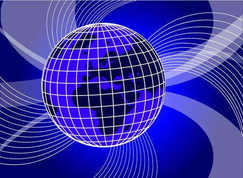 illustration of an abstract blue background with swirls and globe