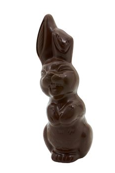 a mold of laughing chocolate easter bunny isolated on a white background