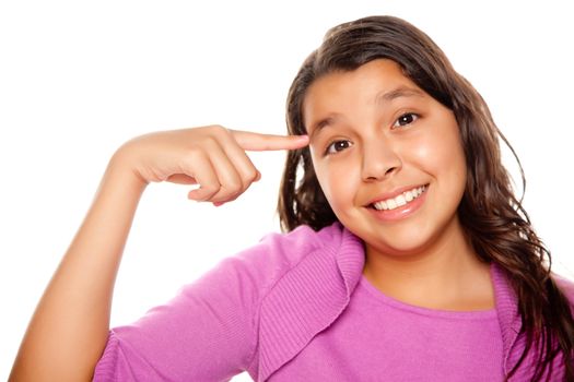 Pretty Hispanic Girl Pointing to Her Head Portrait Isolated on a White Background.