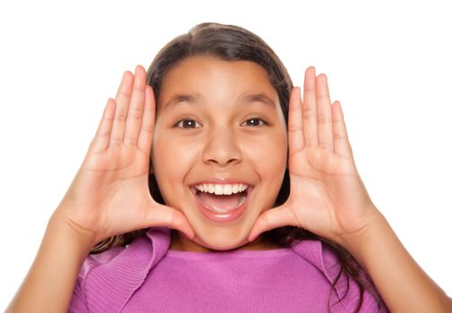 Pretty Hispanic Girl Framing Her Face with Hands Portrait Isolated on a White Background.