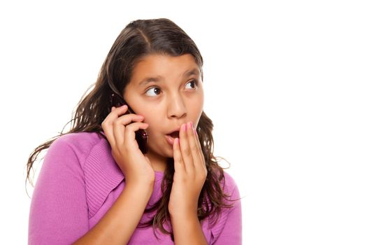 Shocked Pretty Hispanic Girl On Cell Phone Isolated on a White Background.