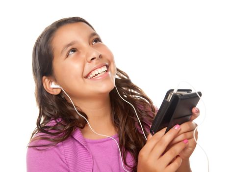 Pretty Hispanic Girl Listening and Dancing to Music Isolated on a White Background.