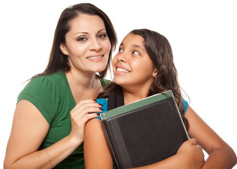 Proud Hispanic Mother and Daughter Ready for School Isolated on a White Background.