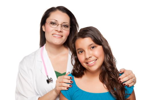 Pretty Hispanic Girl and Female Doctor Isolated on a White Background.