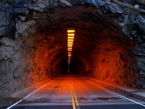Closeup of an illuminated tunnel at entrance of Yosemite National Park