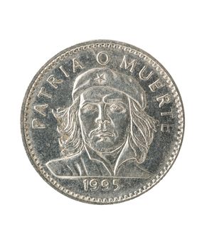 Cuban peso coin with portrait of ernesto che guevara, white background, clipping path.