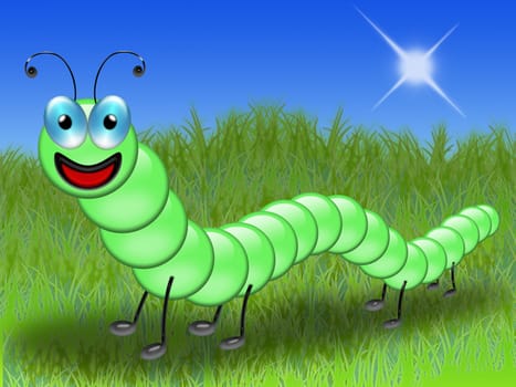 cartoon-style illustration of caterpillar in the grass
