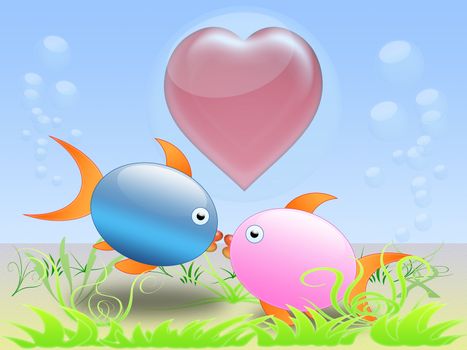 two fish lovers kissing on the seabed
