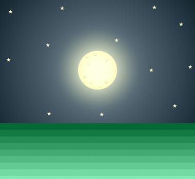 Illustration of sky and ground with full moon and stars