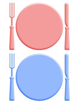 Illustration of two plates, knives and forks. One colored pink and one colored blue