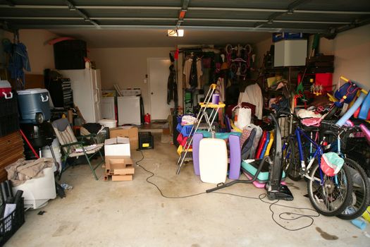 messy abandoned garage full of stuff, chaos at home