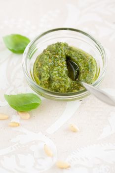 Fresh and homemade pesto with pinenuts and basil