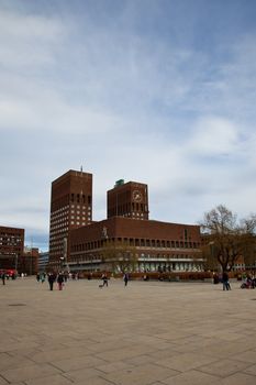 Oslo Town Hall in Aker Brygge, a popular recreational area.