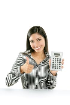 Calculator businesswoman happy for good stats results on white background