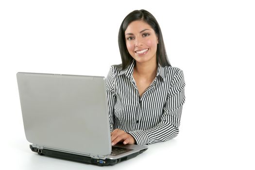 Beautiful indian brunette businesswoman with laptop computer isolated on white