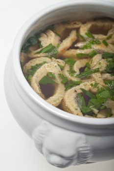 pancake soup in a white bowl