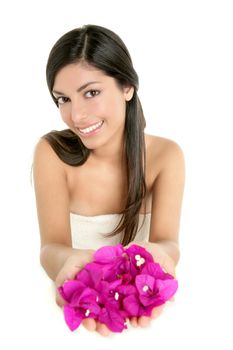 Beautiful indian woman portrait with boungainvilleas flowers over white