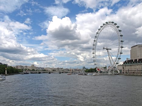 the london eye viewed from the river of thames