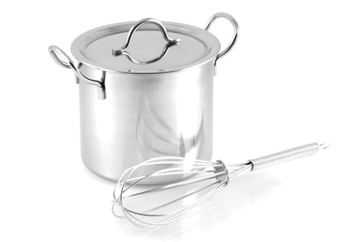 Pan with whisk, isolated on a white background.