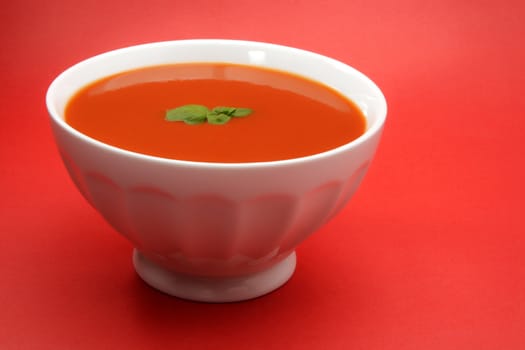 tomato soup in a white bowl, red background