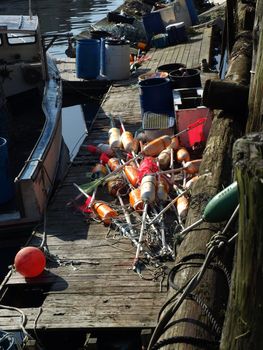 A working lobster boat along the dock in Portland, Maine during the summer