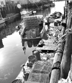 A working lobster boat along the dock in Portland, Maine during the summer