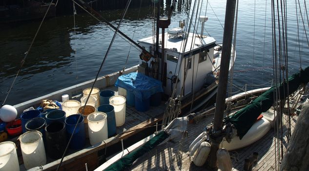 A working lobster boat along the dock in Portland, Maine during the summer