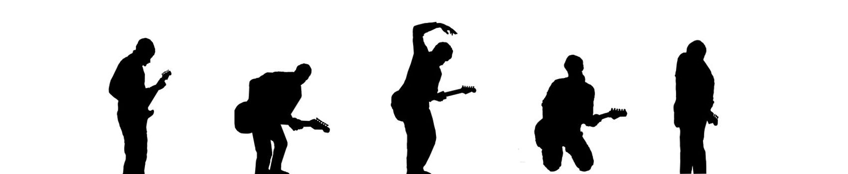 Black silhouettes of five guitar players