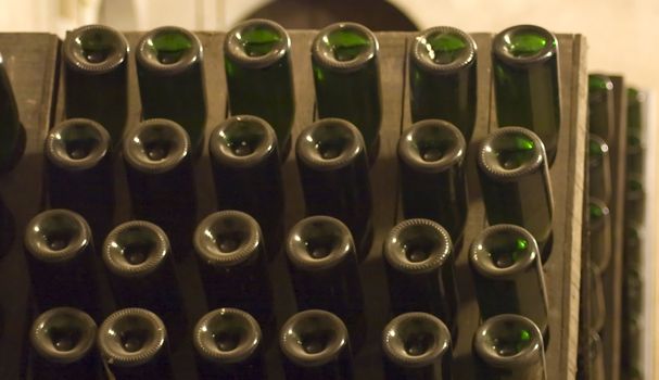 Closeup of bottles of wine aging in an old cellar