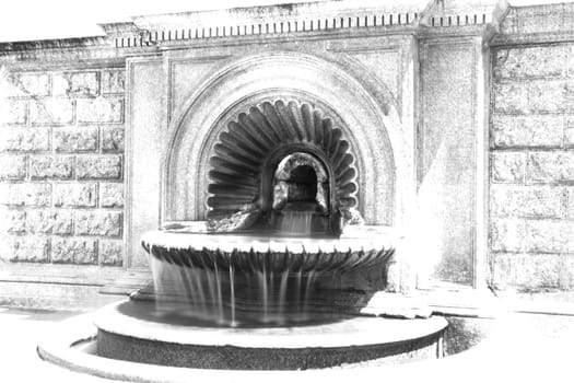 Black and white image of a fountain