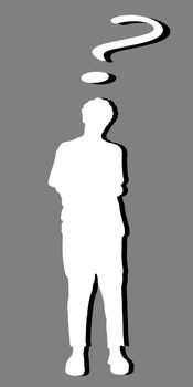 White silhouette of a man and a question mark, with black shadow